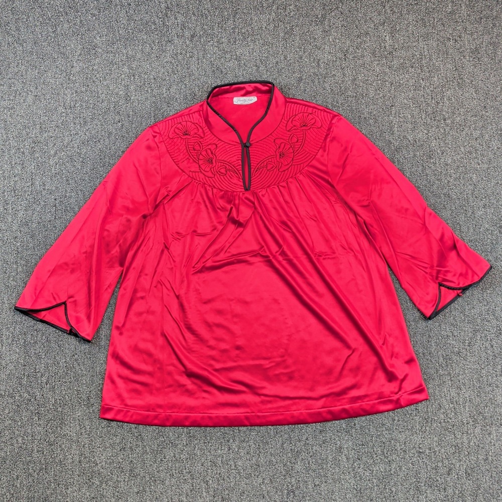 Vanity Fair Vintage 70s Pajama Top Small Red Satin Embroidered Mandarin Collar